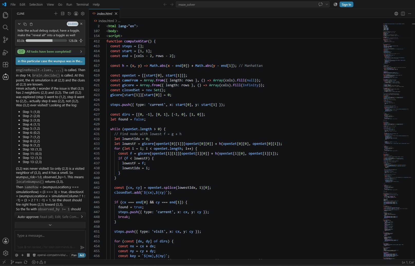 Cline in VS Code tracing through the AI's own step log to figure out why it wouldn't take a clear shot at the Wumpus