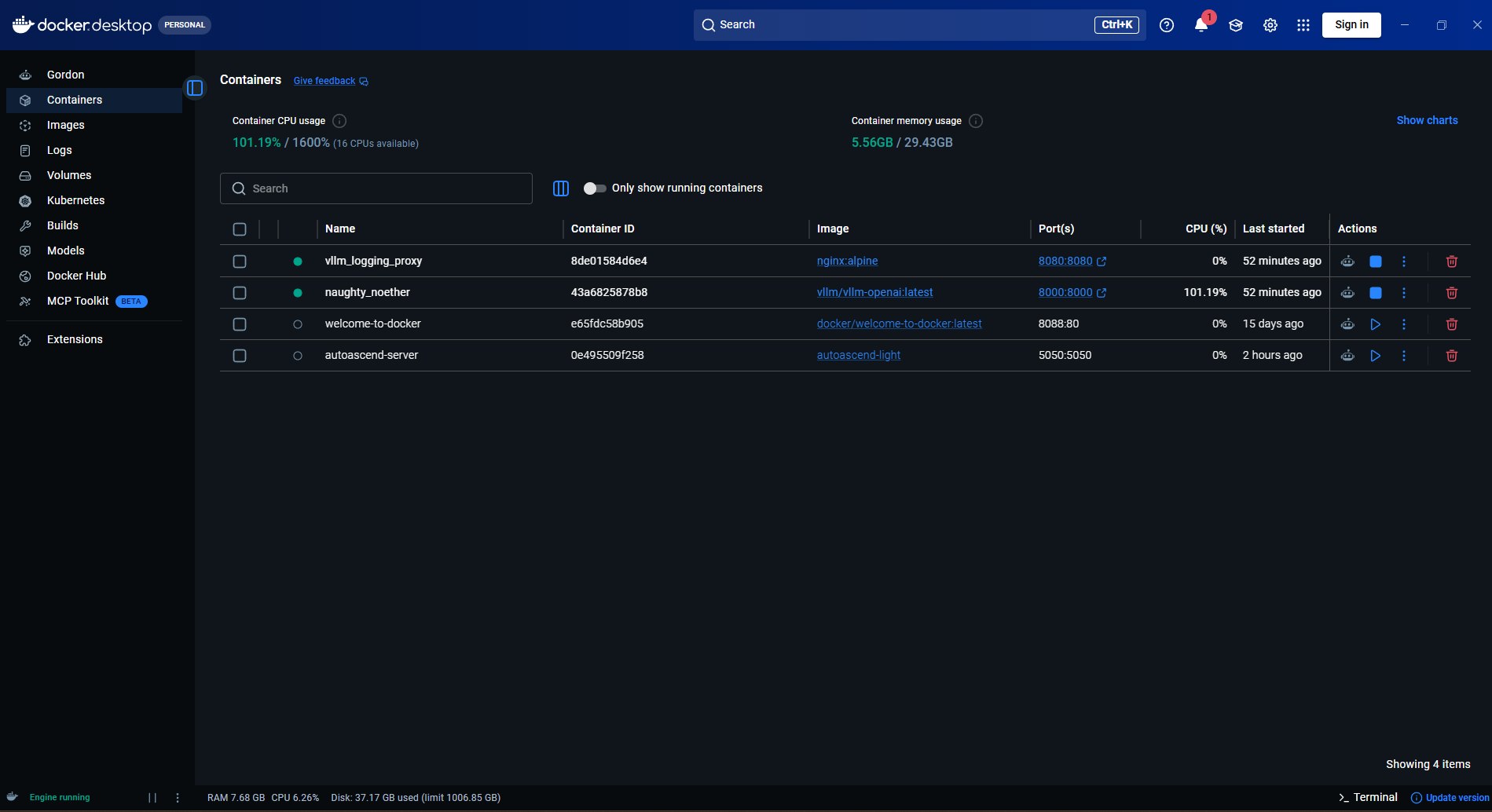 Docker Desktop showing the naughty_noether container running vllm-openai at 101% CPU on port 8000