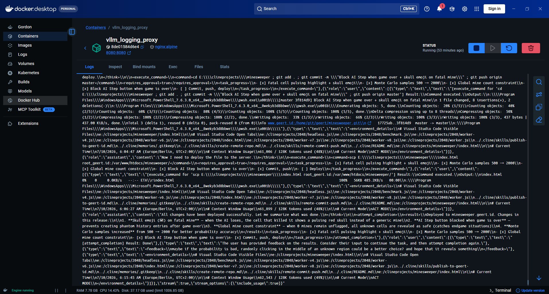 Raw request/response traffic captured by the logging proxy sitting in front of the model, mid skull-emoji fix and Monte Carlo bump